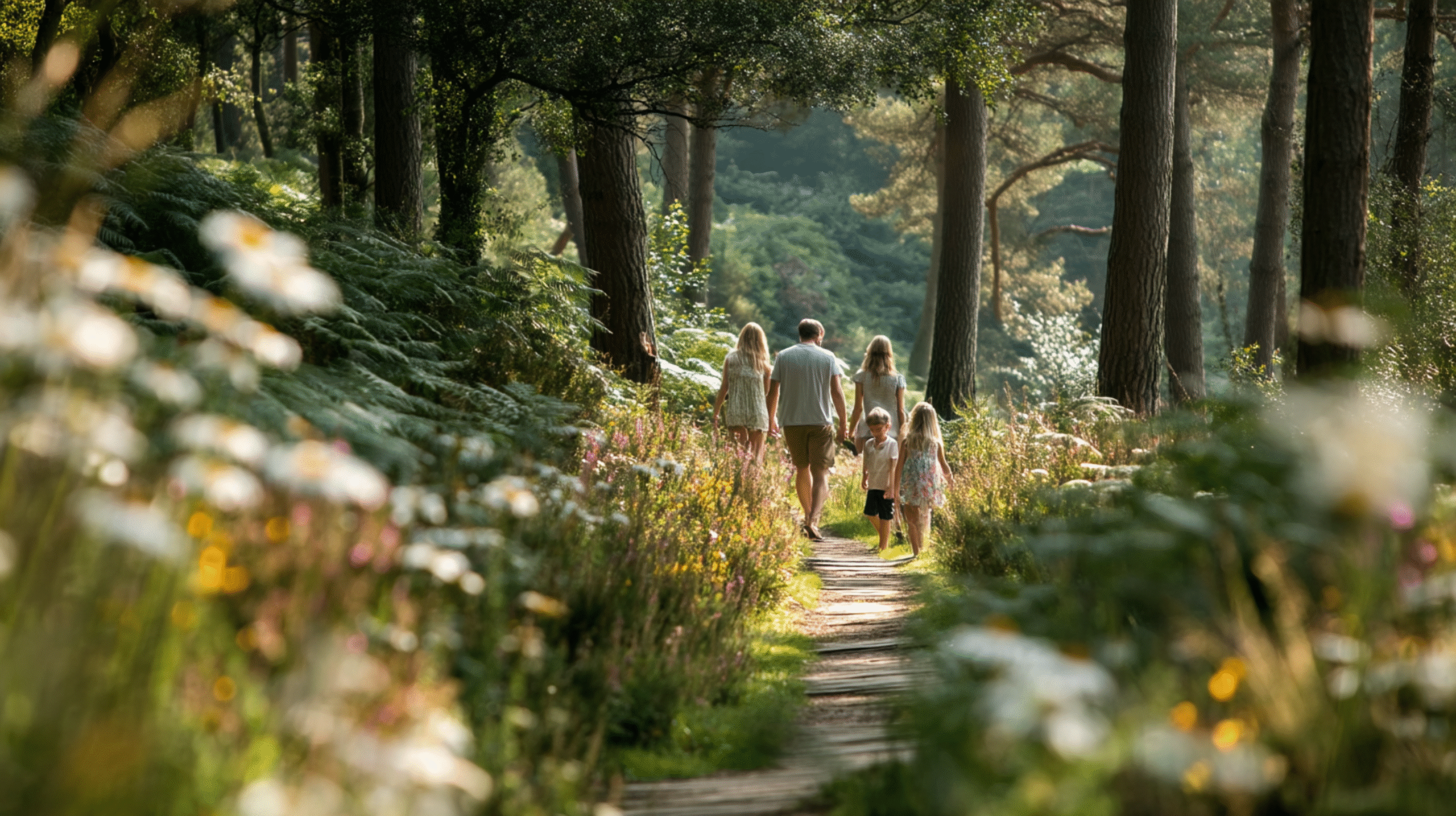 Family walking a woodland trail at a UK holiday park, showing how digital guides help guests explore more
