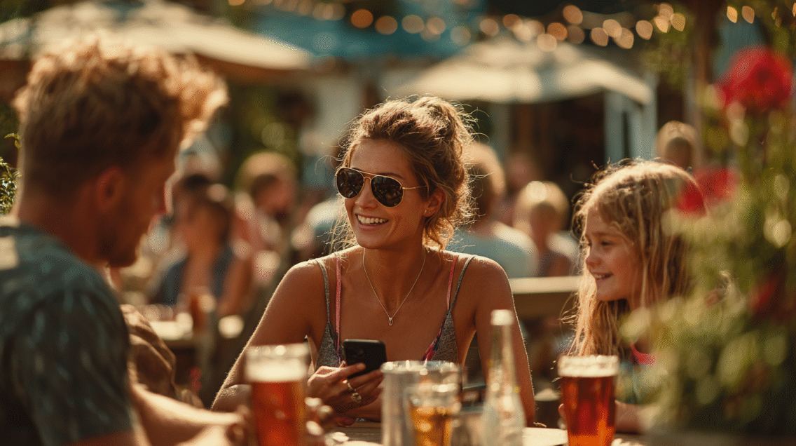 Family enjoying a holiday park together, with one guest casually checking a smartphone at the table