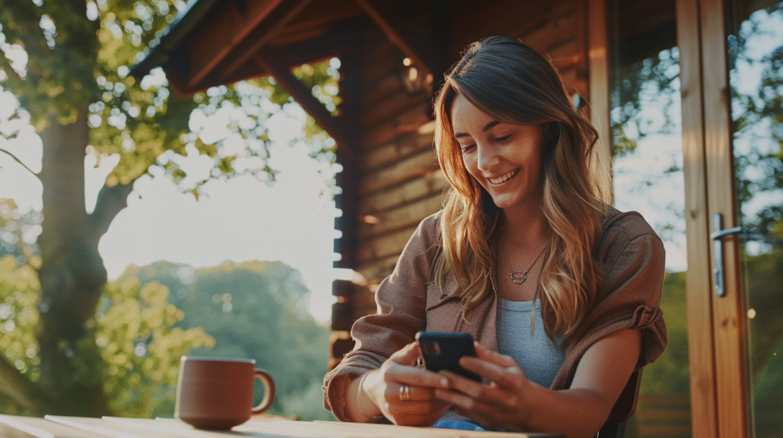 Woman smiling at her phone outside a wooden holiday lodge with a coffee mug, surrounded by trees in soft morning light.