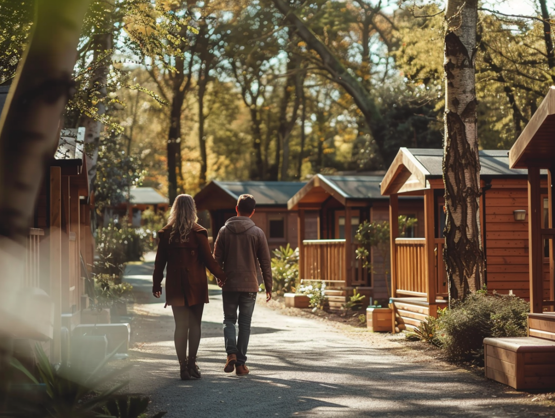 A couple walking hand-in-hand through a tree-lined UK holiday park, approaching a row of modern wooden lodges in warm afternoon light