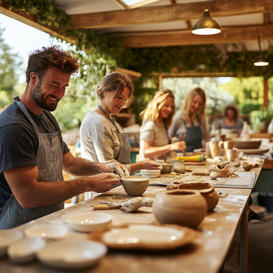 Guests taking part in a hands-on pottery class at a UK holiday park, seated at a shared table, focusing on creative activities in a bright, natural setting