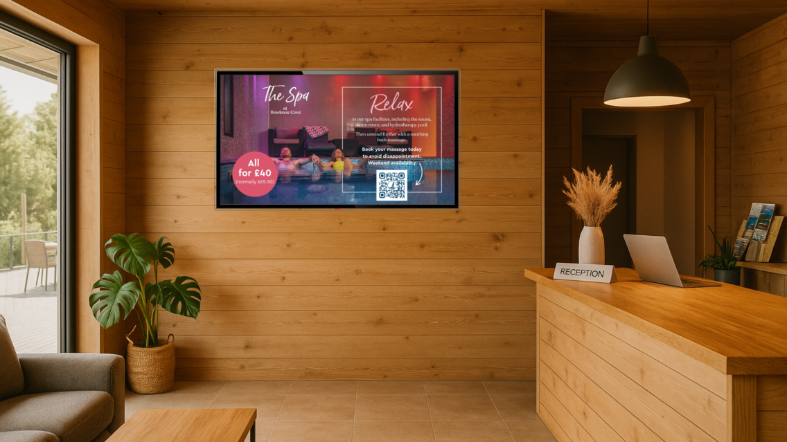 Reception area of a holiday park with a wooden wall and a digital spa offer display featuring massage and hydrotherapy details