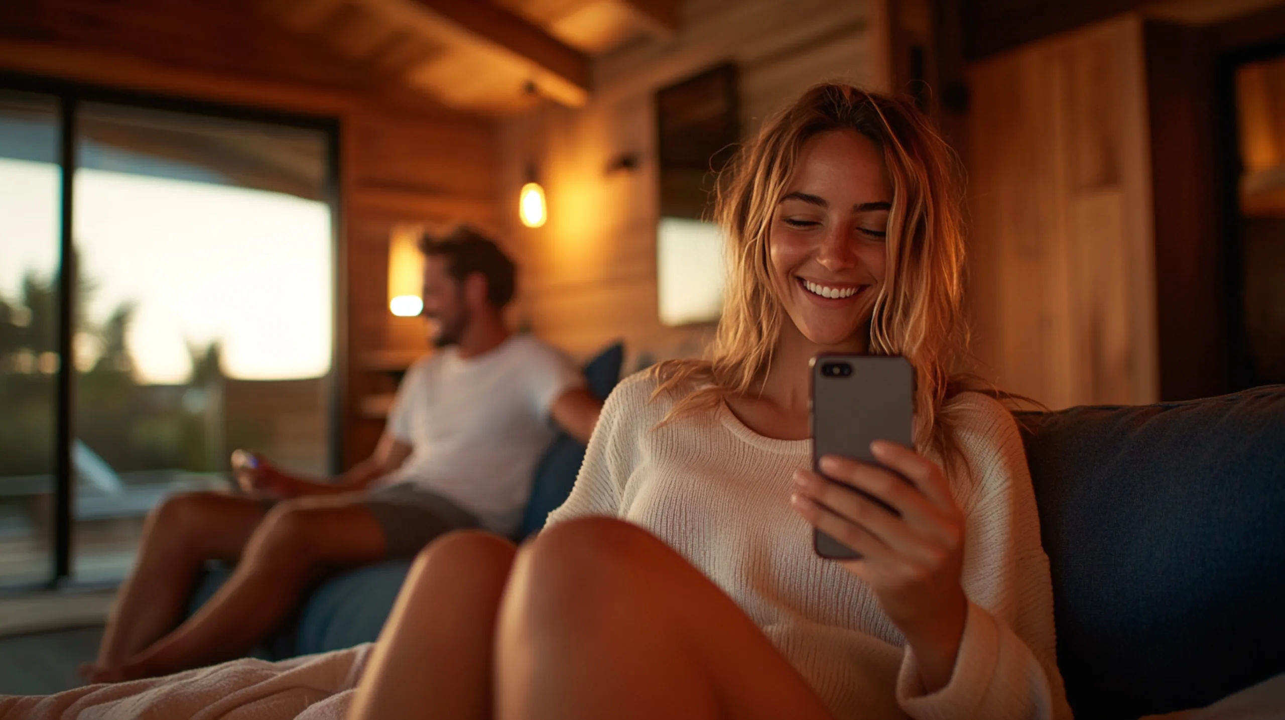 Smiling woman in a modern timber lodge looking at her phone, while her partner relaxes in the background on a summer evening