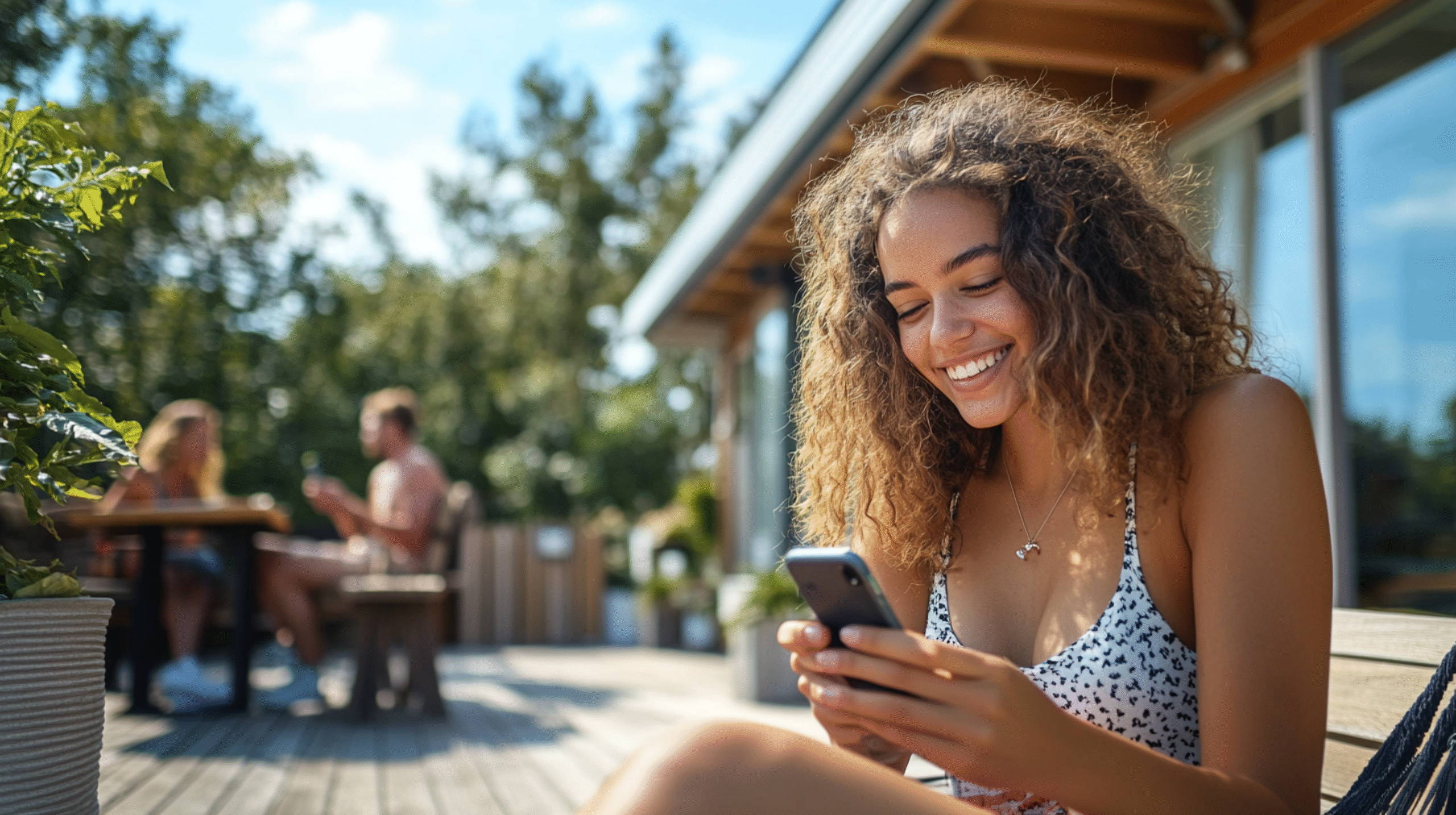 Young woman smiling while using her phone outside a timber lodge on a sunny summer day, with other guests sitting in the background.