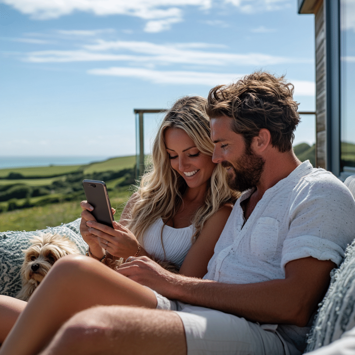 Couple sitting on a terrace with countryside views, smiling while using a smartphone together