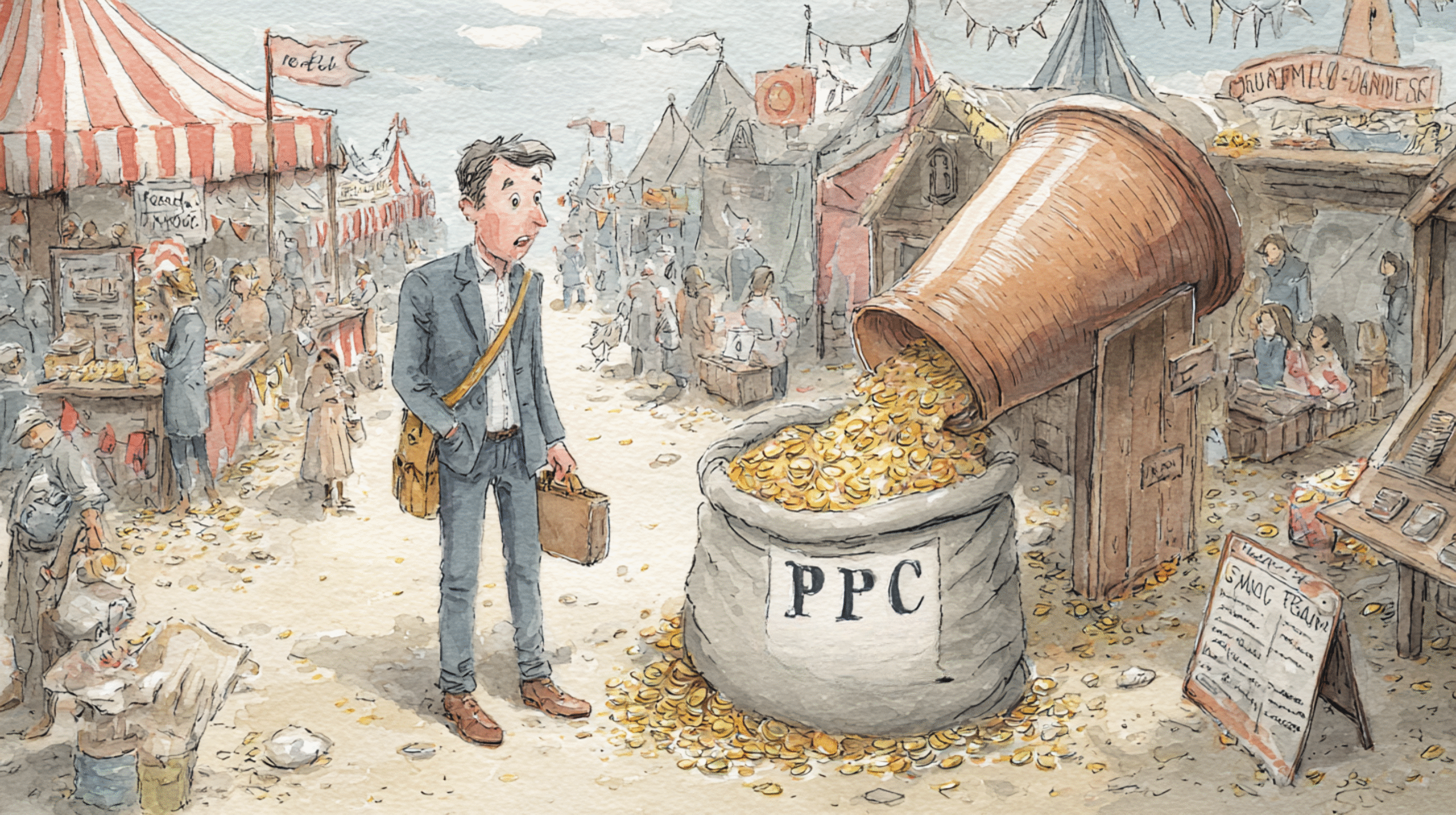 Editorial illustration of a hospitality marketing manager in a busy marketplace watching a giant sack of coins labelled PPC being drained into a funnel, symbolising rising PPC costs and shrinking results.