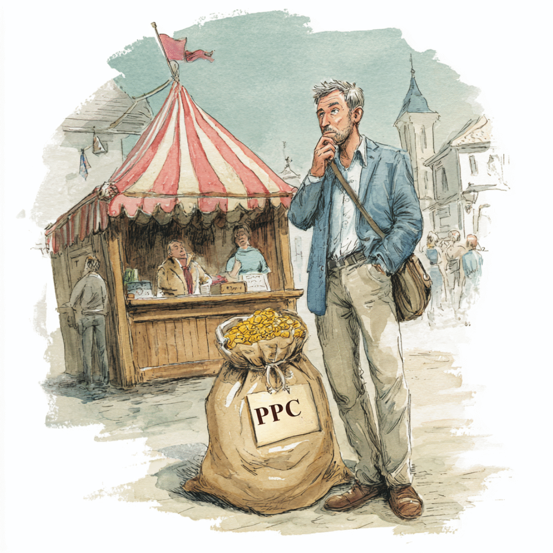 Editorial illustration of a hospitality marketing manager standing beside a large sack of coins labelled PPC at a market stall, considering the value of their spend. Hand-painted watercolour style, symbolising that PPC still has a place but comes at a high cost.