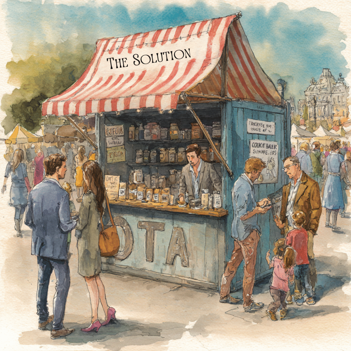 Editorial watercolour illustration of a glossy market stall labelled “The Solution”, with faint OTA letters visible underneath the paint. The counter is filled with jars and packets labelled as quick fixes. Guests from different walks of life pause with mixed reactions. Satirical image symbolising OTAs rebranded as new platforms.