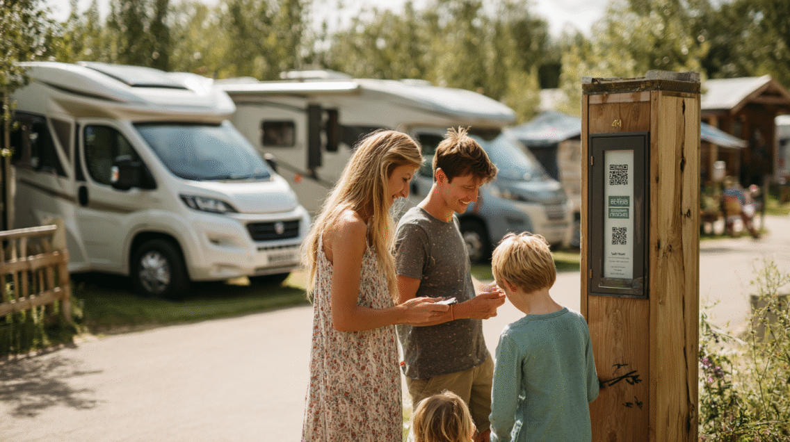 Young family scanning a QR code on a wooden signpost at a UK campsite to access digital information.