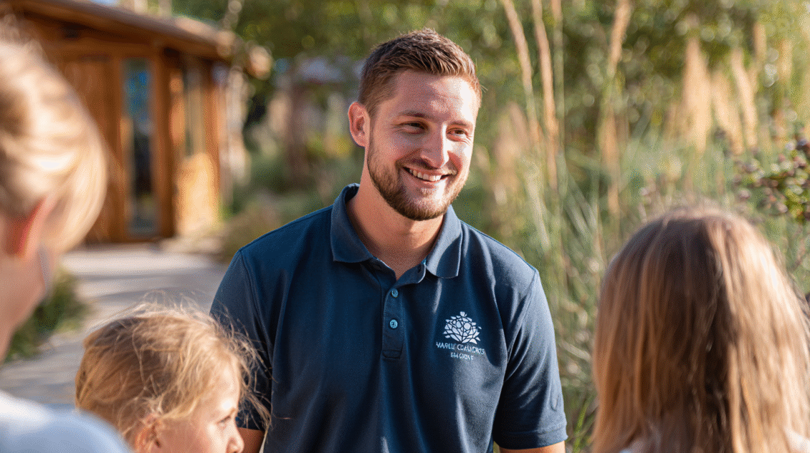 A smiling holiday park staff member talking with guests outside a lodge