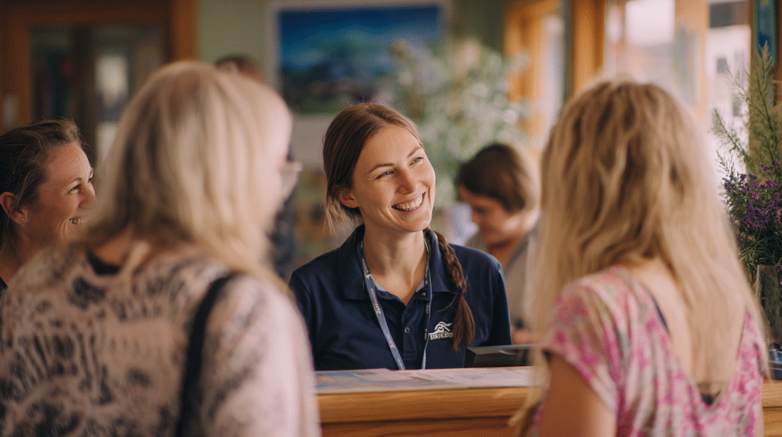 Smiling holiday park staff member welcoming guests at reception, representing recognition and trust at the start of a stay.