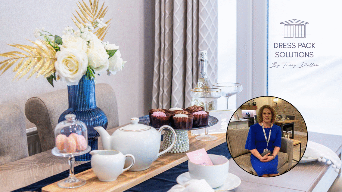 Styled interior scene by Dress Pack Solutions with logo and inset portrait of Tracy Dallow – XP Dorset 2025.