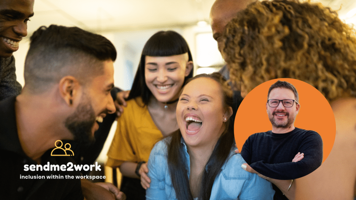 Andrew Holland inset over a joyful team moment, with the Send Me 2 Work logo – XP Dorset 2025.